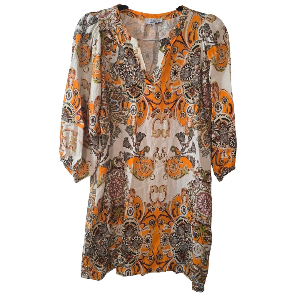Le Ragazze Italy Linen Blend Paisley‎ Medallion V-Neck Orange Tan Dress Large